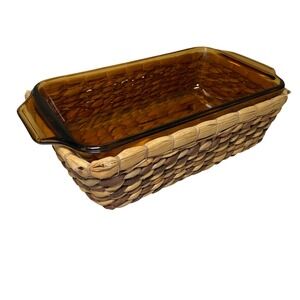 Anchor‎ Hocking 441 Amber Glass Loaf Pan w Woven Basket Cradle 11" USA